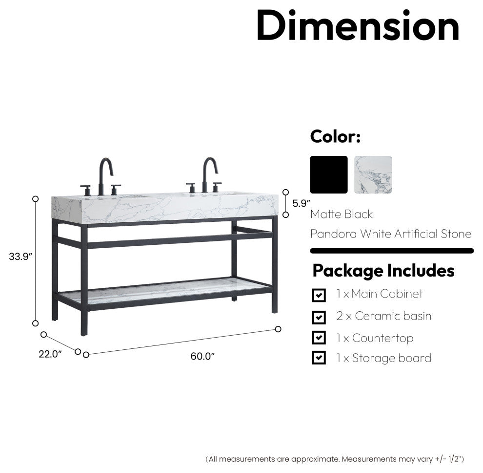 Ecija Bath Vanity, Metal Support with Stone Top, Matte Black, 60 in. Double Sink, No Mirror