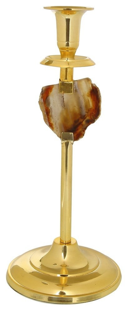 Classic Touch Gold Stainless Steel Candle Holder With Agate Stone Stem