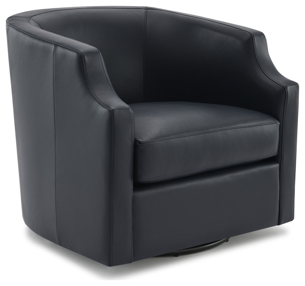 Easton Midnight Blue Top Grain Leather Swivel Glider Barrel Chair