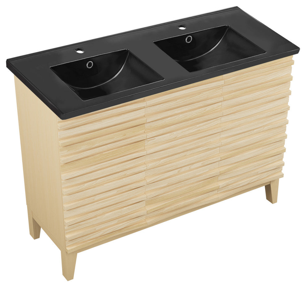 Cascade 48" Natural Oak, Double Basin Bathroom Vanity With Black Sink Top