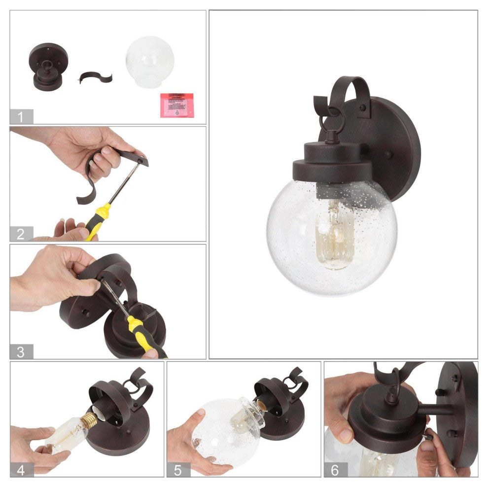 LNC 1-Light Seeded Glass Globe Outdoor Wall Light, Rusty Finish