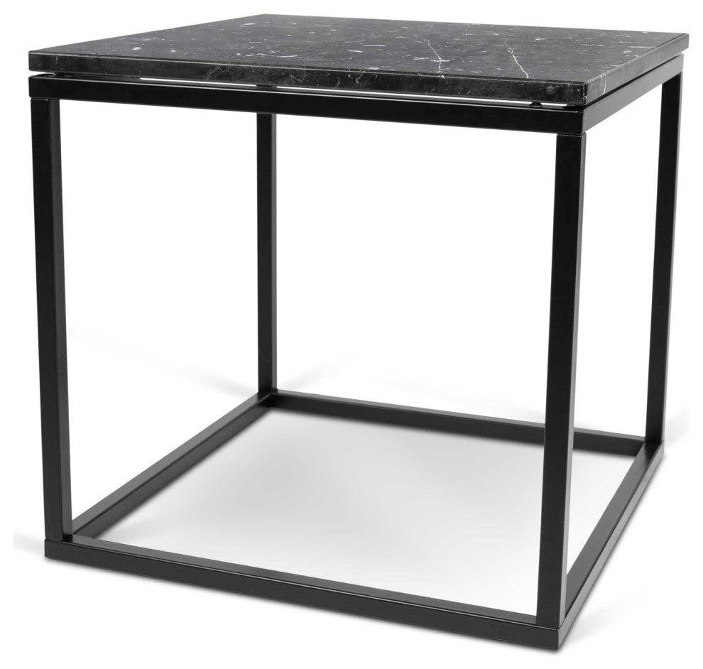 Modern Square Marble & Metal Side Table, Black Marble/Black Legs