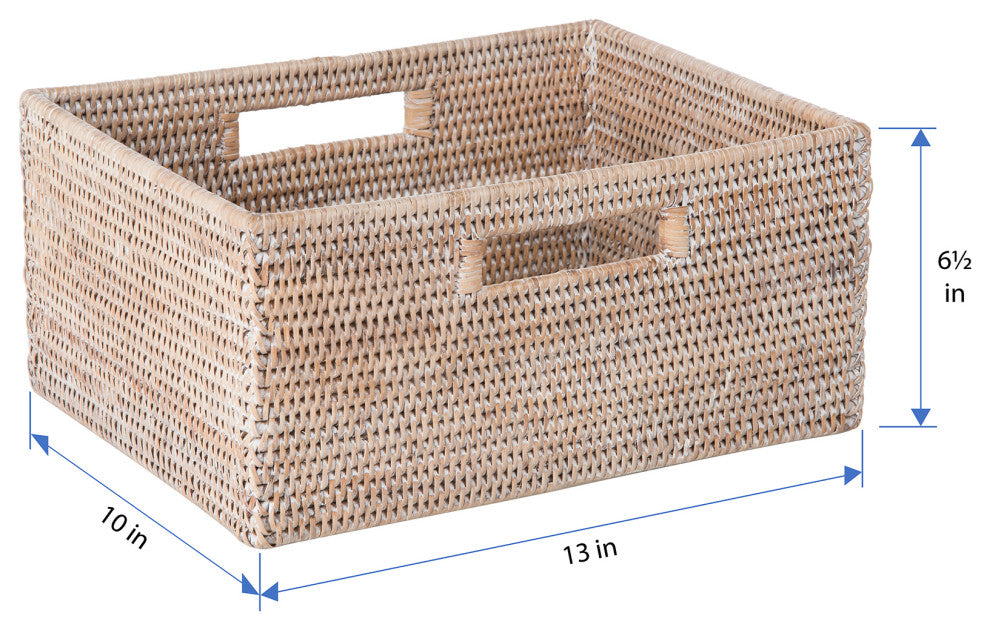 La Jolla Rattan Shelf Basket With Handles, Medium, White Wash