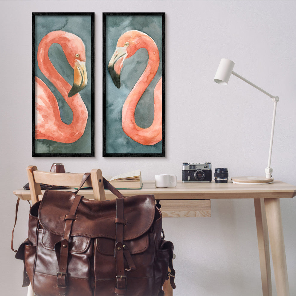 Watercolor Pink Flamingo Pair Watercolor Animal Portrait,13 x 30