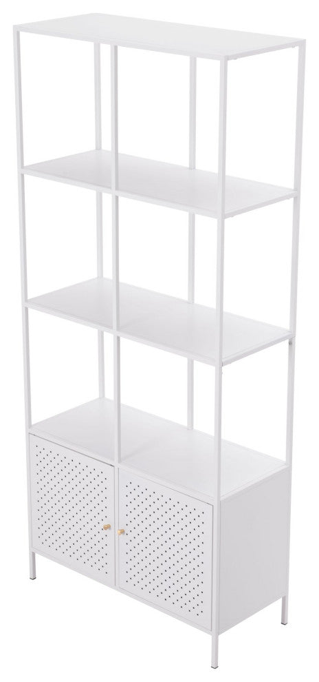 Bookcase Wall Shelf Rack, Steel Metal, White, Gold, Lounge Lobby Hospitality