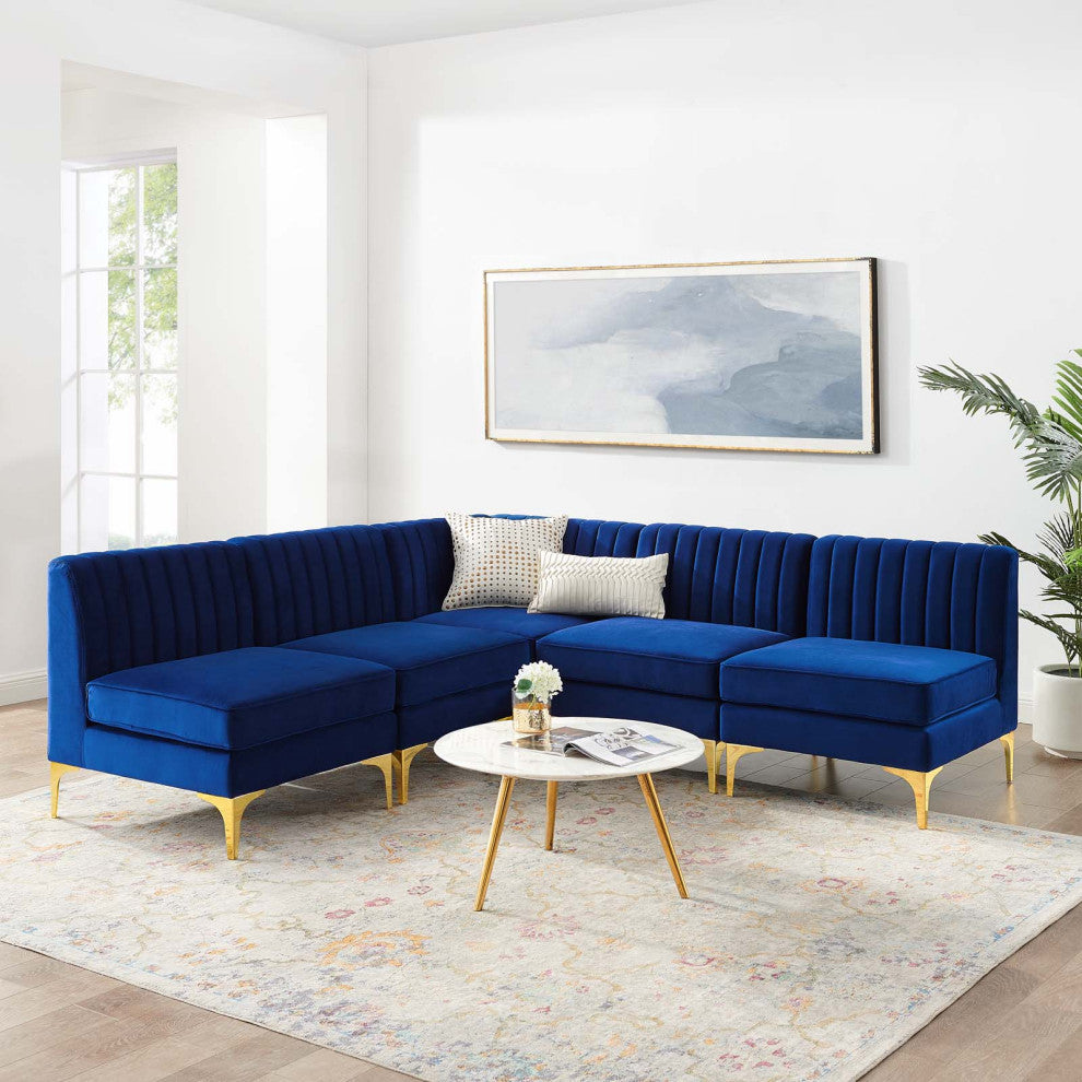 Tufted Sectional Sofa Set, Velvet, Blue Navy, Modern, Living Lounge Hospitality