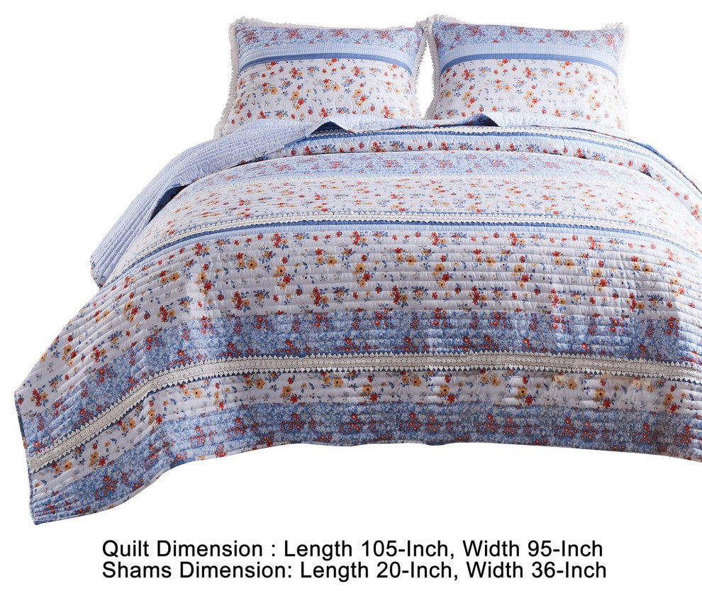 Benzara BM282009 Microfiber King Quilt Set, Floral Print, Lace Trim, Multicolor