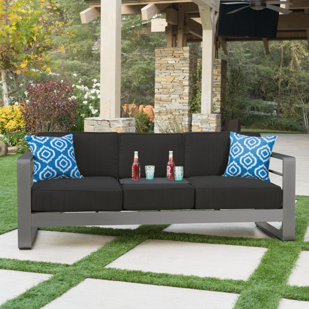 GDF Studio Crested Bay Outdoor Gray Aluminum Sofa Couch With Cushions