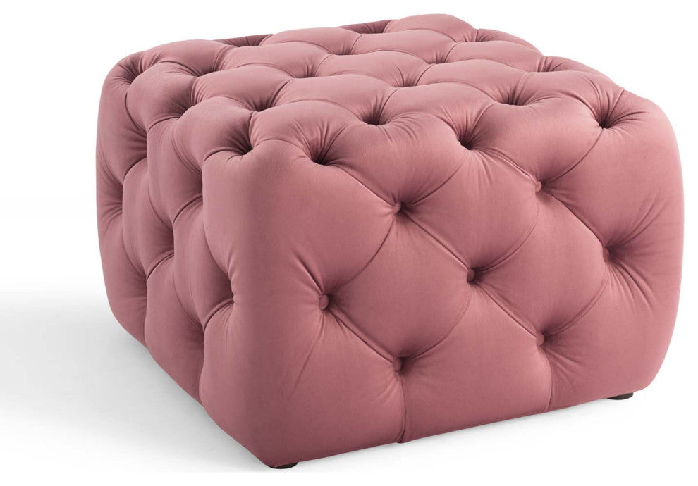 Tufted Accent Chair Ottoman, Square, Velvet, Pink, Modern, Lounge Hospitality