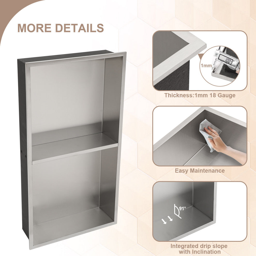 Stainless Steel Shower Niche Recessed Double Layer No Tile Needed , Brushed