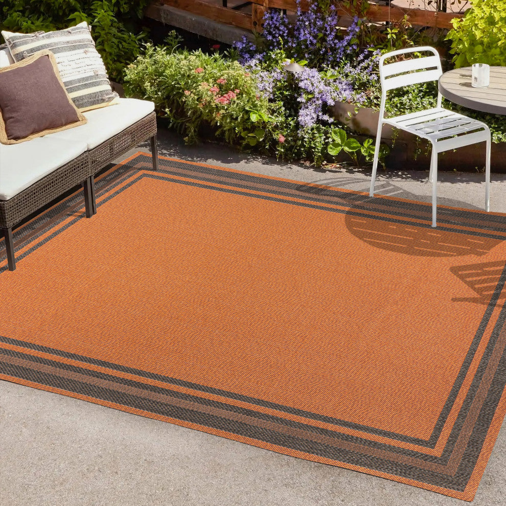 James Modern Border Stripe Indoor/Outdoor Area Rug, Orange/Dark Gray, 8x10