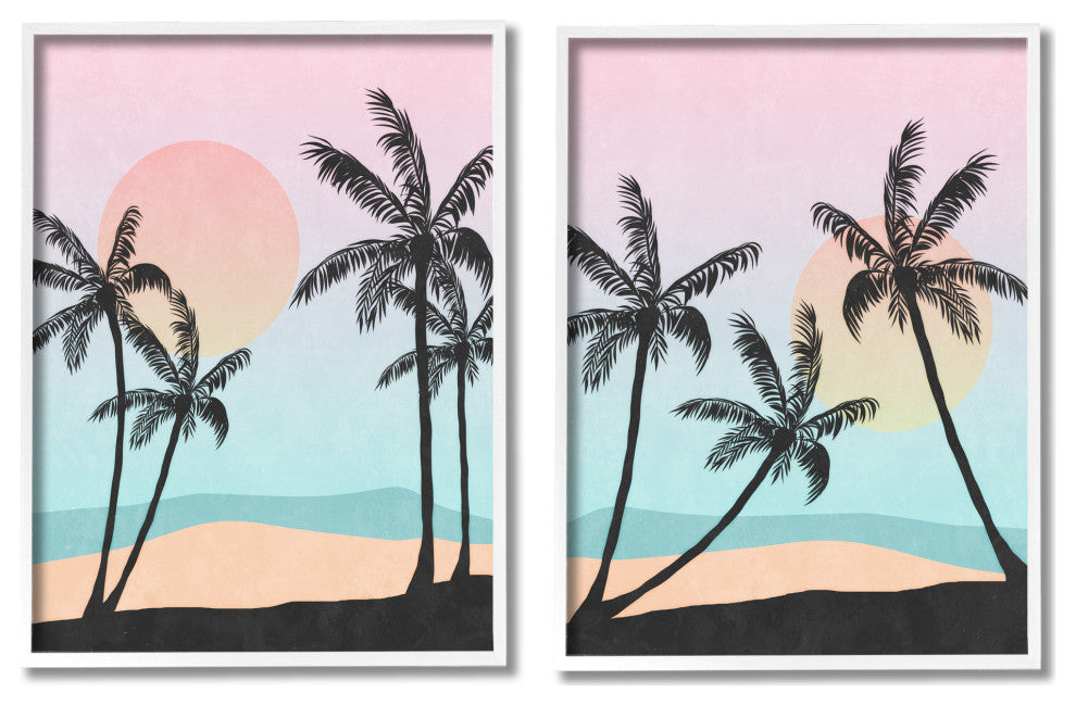 Tropical Sunset Sunrise Palm Tree Beach Illustration, 2pc, each 11 x 14