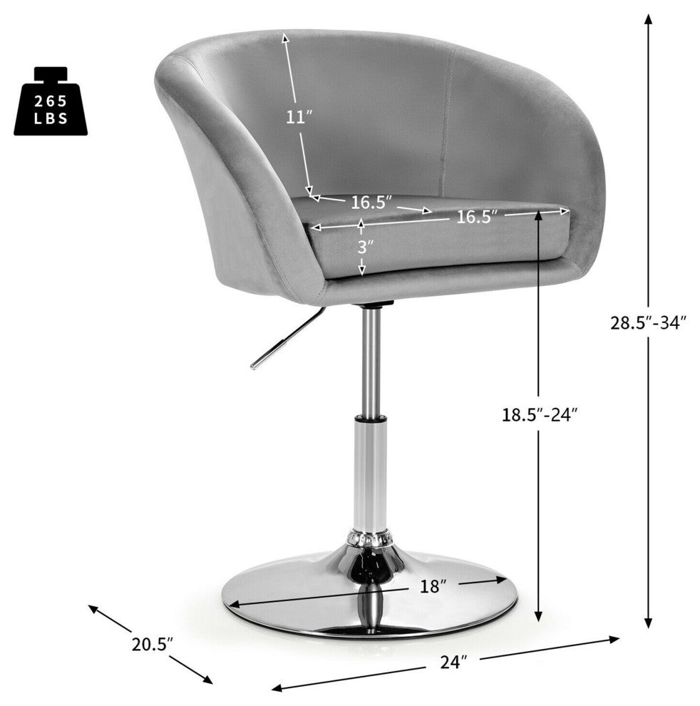 Costway Modern Velvet Chair Height Adjustable Bar Stool Swivel Makeup Seat Grey