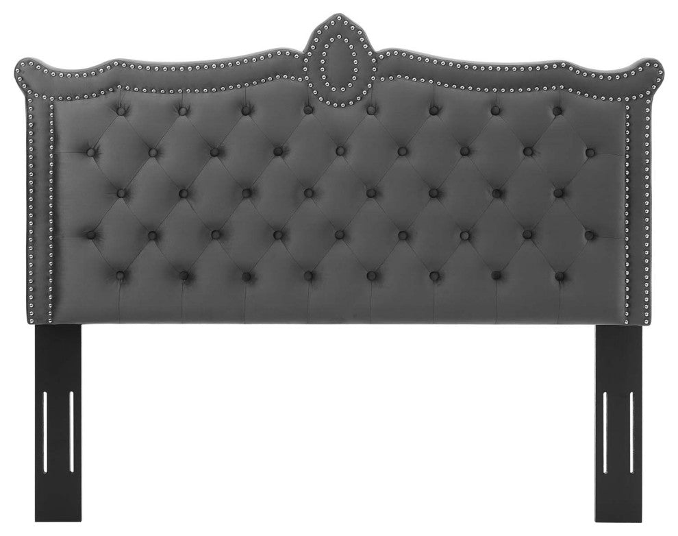 Tufted Headboard, Nailhead, Twin Size, Charcoal Gray, Velvet, Modern
