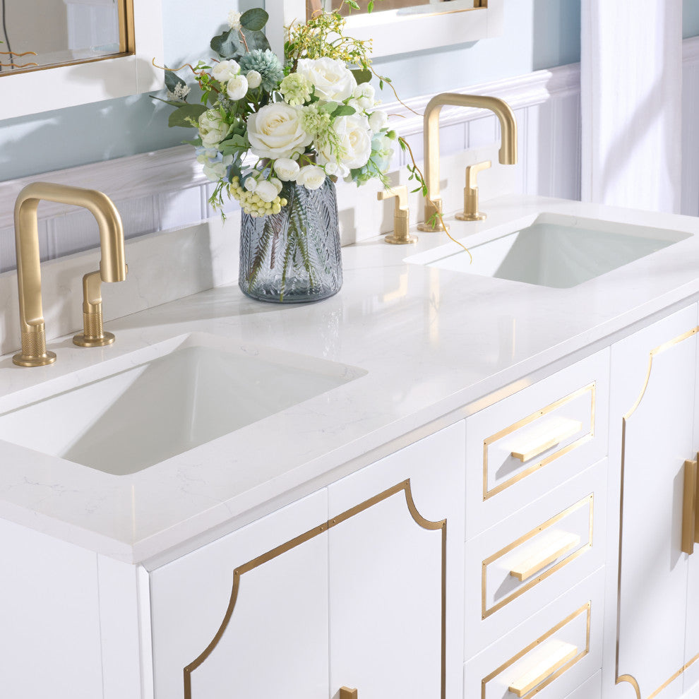 Melody Freestanding Bathroom Vanity with Wall Vanity Mirror and Quartz Top, White, 60"