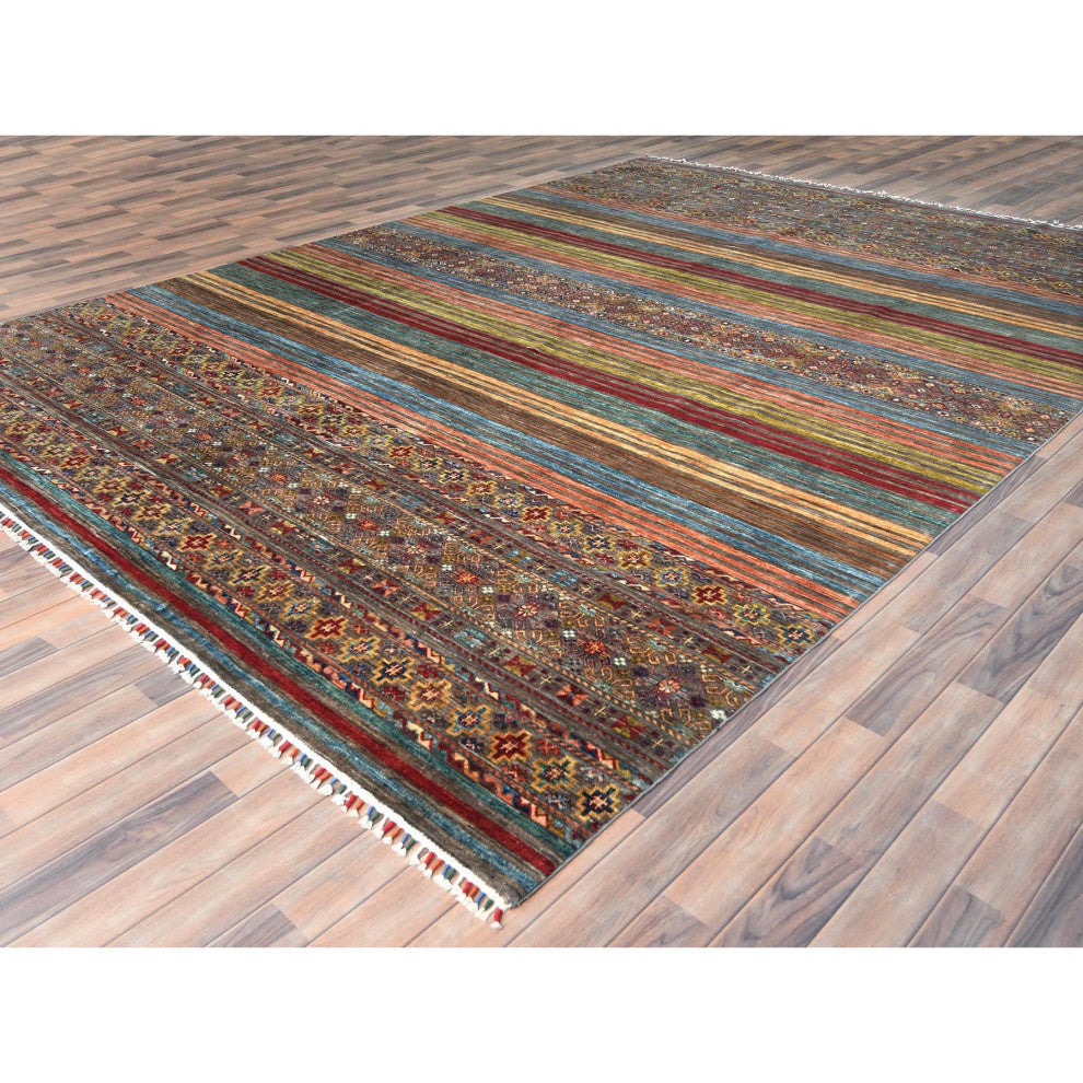 Colorful Afghan Super Kazak Wool Hand Knotted Oriental Rug, 9'10"x13'2"