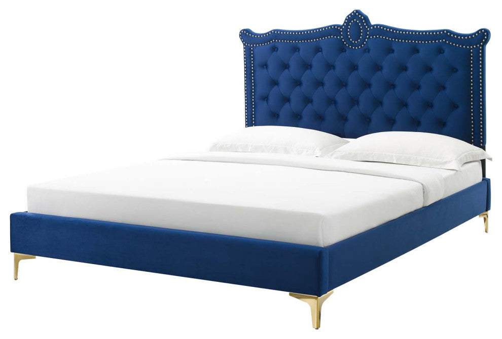Platform Bed Frame, Nailhead, Queen Size, Blue Navy, Velvet, Modern