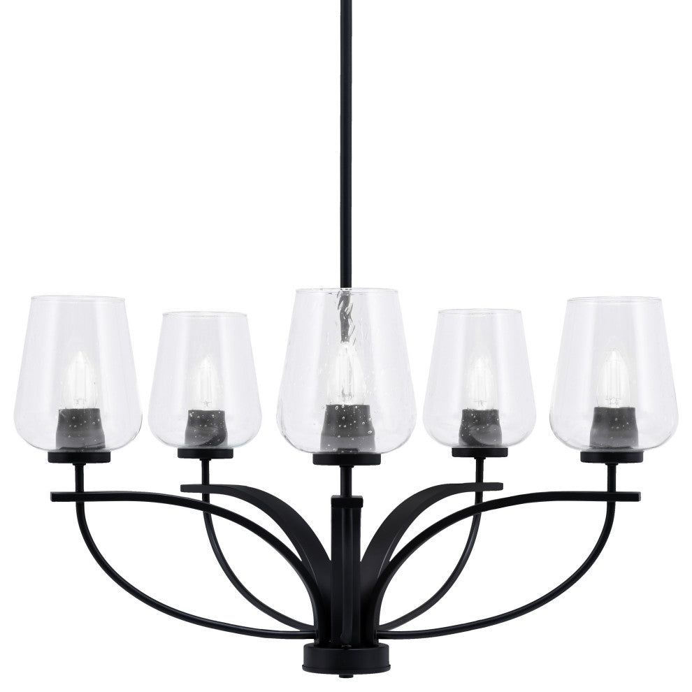 Cavella 5 Light Chandelier In Matte Black Finish, 5" Clear Bubble Glass