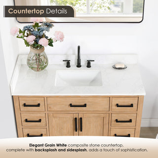 Gavino Vanity With Grain White Composite Stone Top, Light Brown/Matte Black, 48", With Mirror