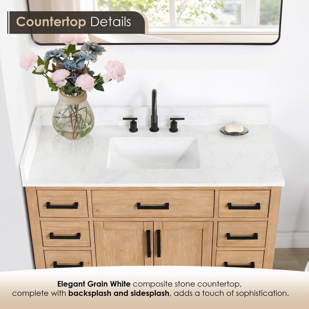 Gavino Vanity With Grain White Composite Stone Top, Light Brown/Matte Black, 48", With Mirror