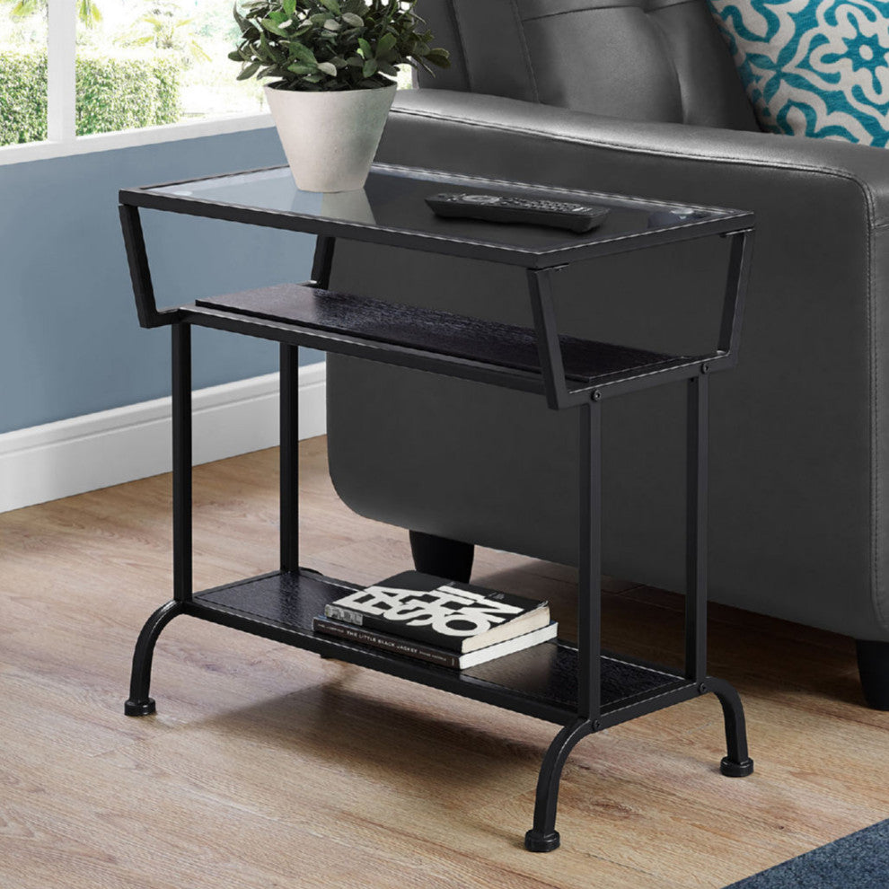 HomeRoots 12" x 24" x 22" Black Metal With Clear Tempered Glass Accent Table