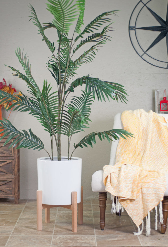 Extra Large Ceramic Cylinder Pot 13'' White With Plant Stand Set Natural Color