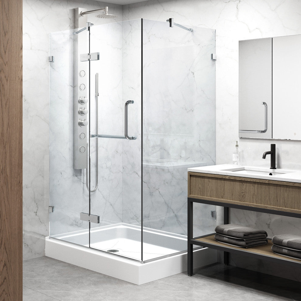 VIGO Monteray 32"D x 48"W x 79"H Frameless Hinged Shower Enclosure, Chrome, Left Base