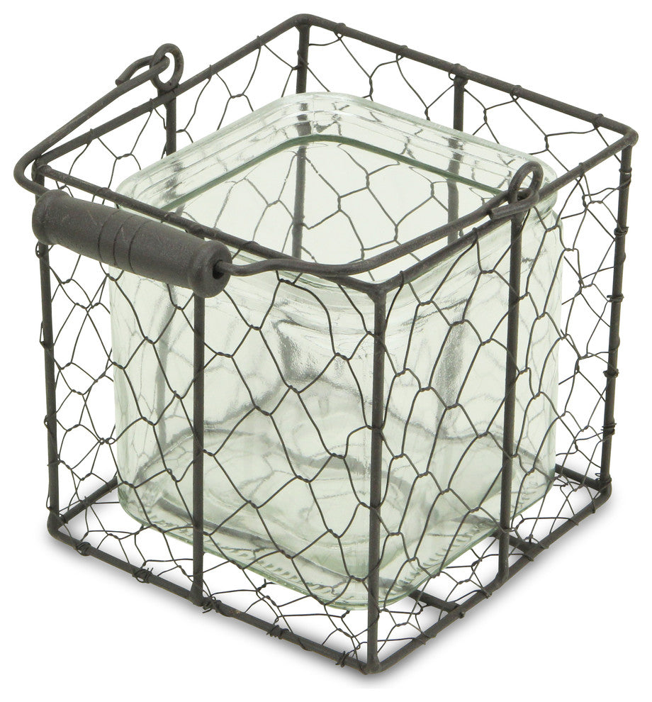 Square Wire Basket With Glass Jar, Brown, Large, Large