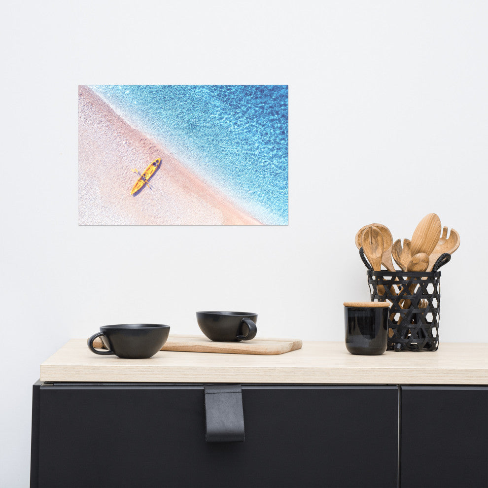 Yellow Canoe and Blue Sea by with Violet Glow Landscape Photo Loose Art Print, 12" X 18"