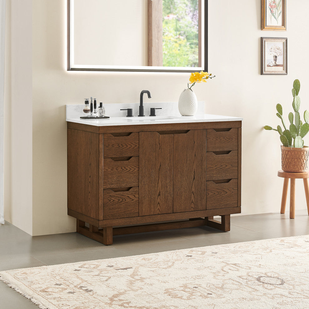 Mowry Bathroom Vanity, Brown Brushed Oak, 48", No Mirror