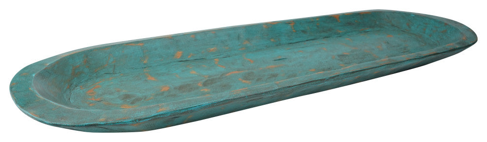 Extra Long Rustic Farmhouse Primitive Wooden Dough Bowl, Turquoise, Long