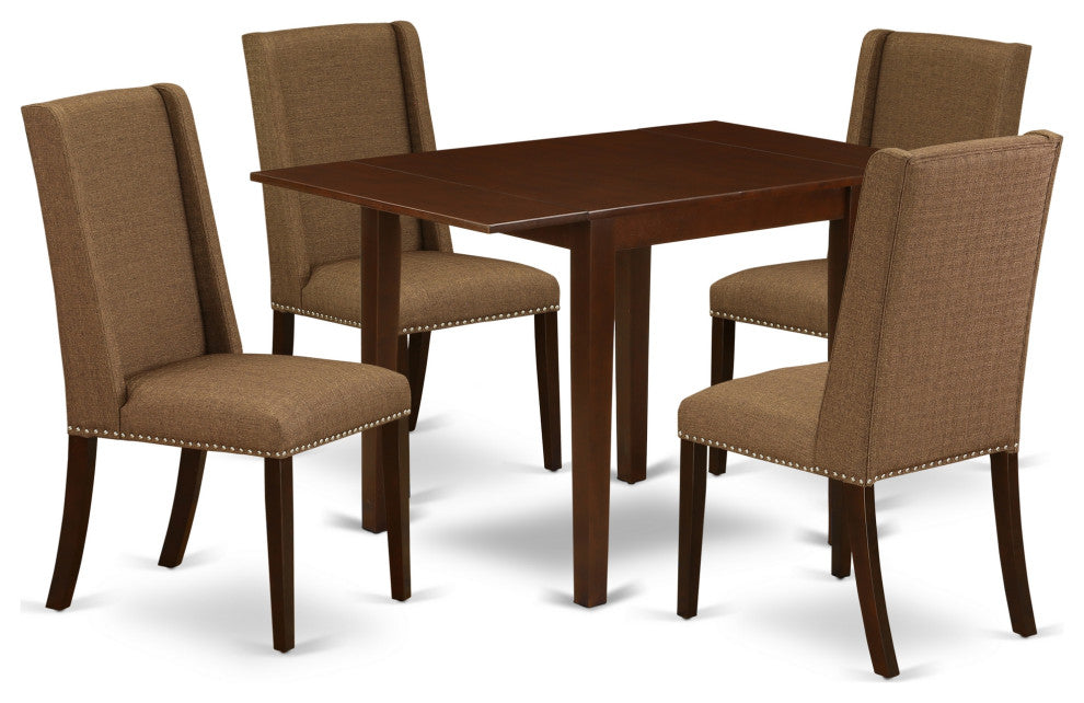 5Pc Dining Set - 4 Parson Chairs, Small Drop Leaf Table, Mahogany Finish