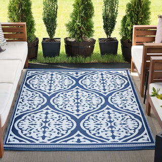 Kingman Transitional Damask Navy/White Rectangle Indoor/Outdoor Area Rug, 8'x10'