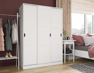 100% Solid Wood 3-Sliding Door Wardrobe/Armoire/Closet, White-Louvered