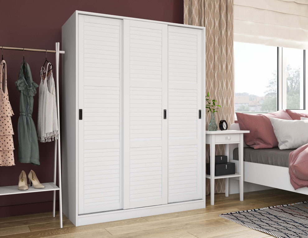 100% Solid Wood 3-Sliding Door Wardrobe/Armoire/Closet, White-Louvered
