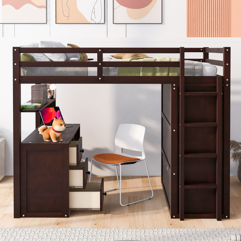 Gewnee Full size Wood Loft Bed with Drawers,Desk and Wardrobe in Espresso