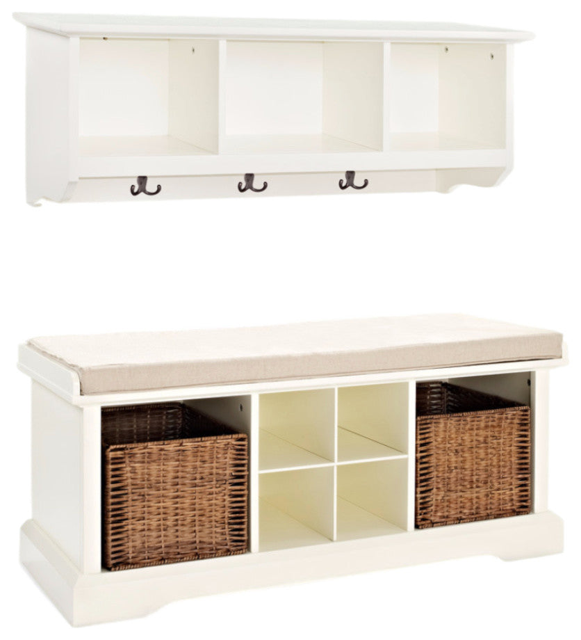 Brennan 2-Piece Entryway Bench and Shelf Set With Baskets, White