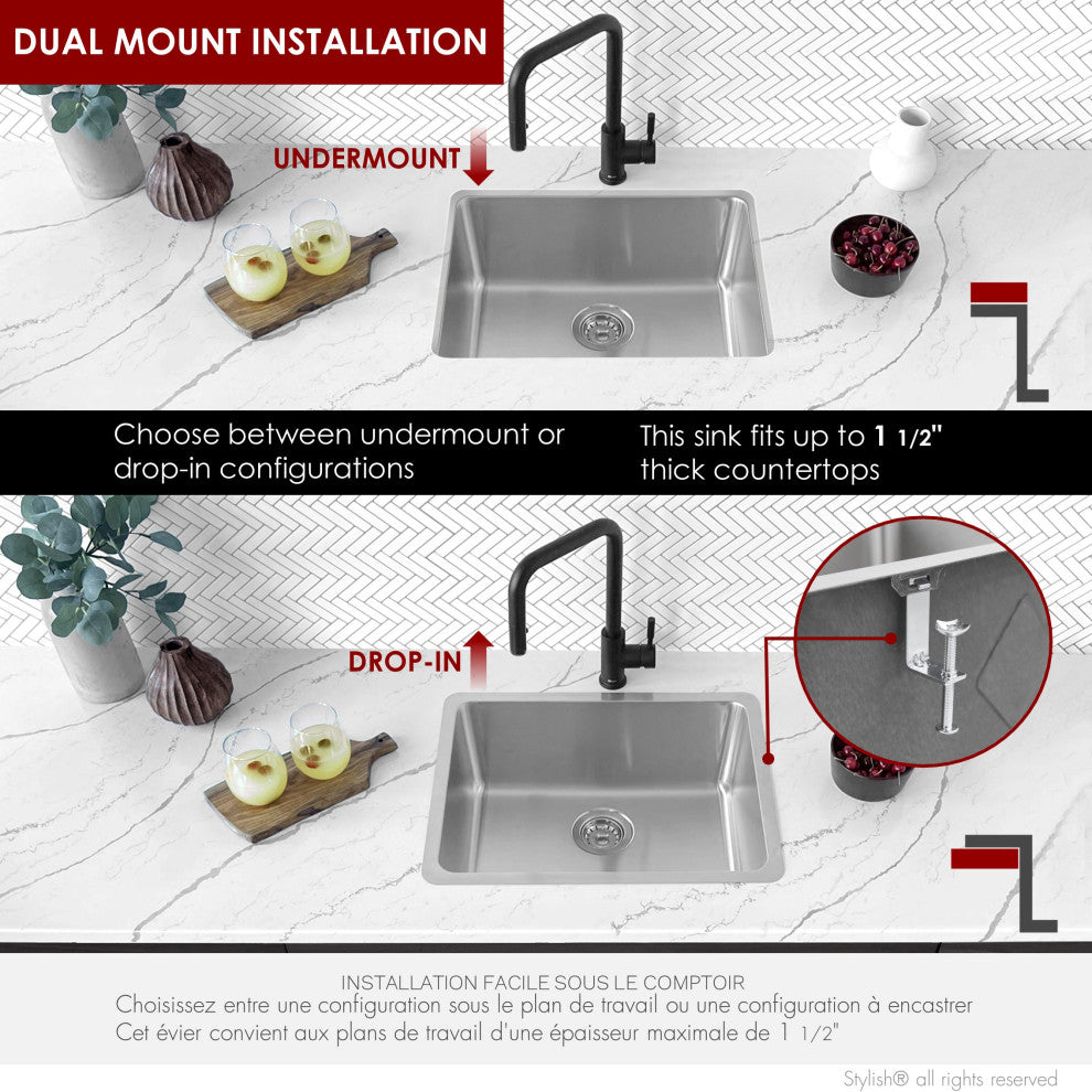 STYLISH 21 inch Single Bowl Undermount and Drop-in Stainless Steel Kitchen Sink