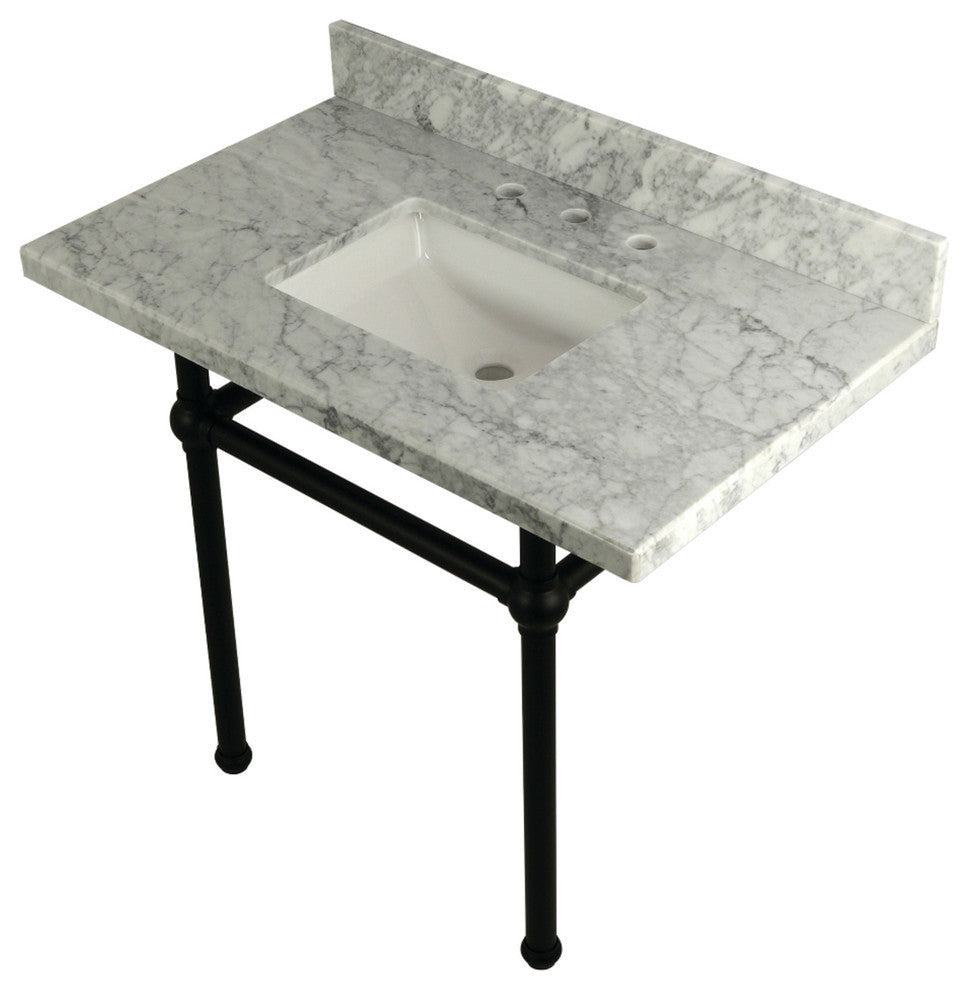 36X22 Carrara Marble Vanity Top w/Brass Console Legs, Carrara Marble/Matte Black