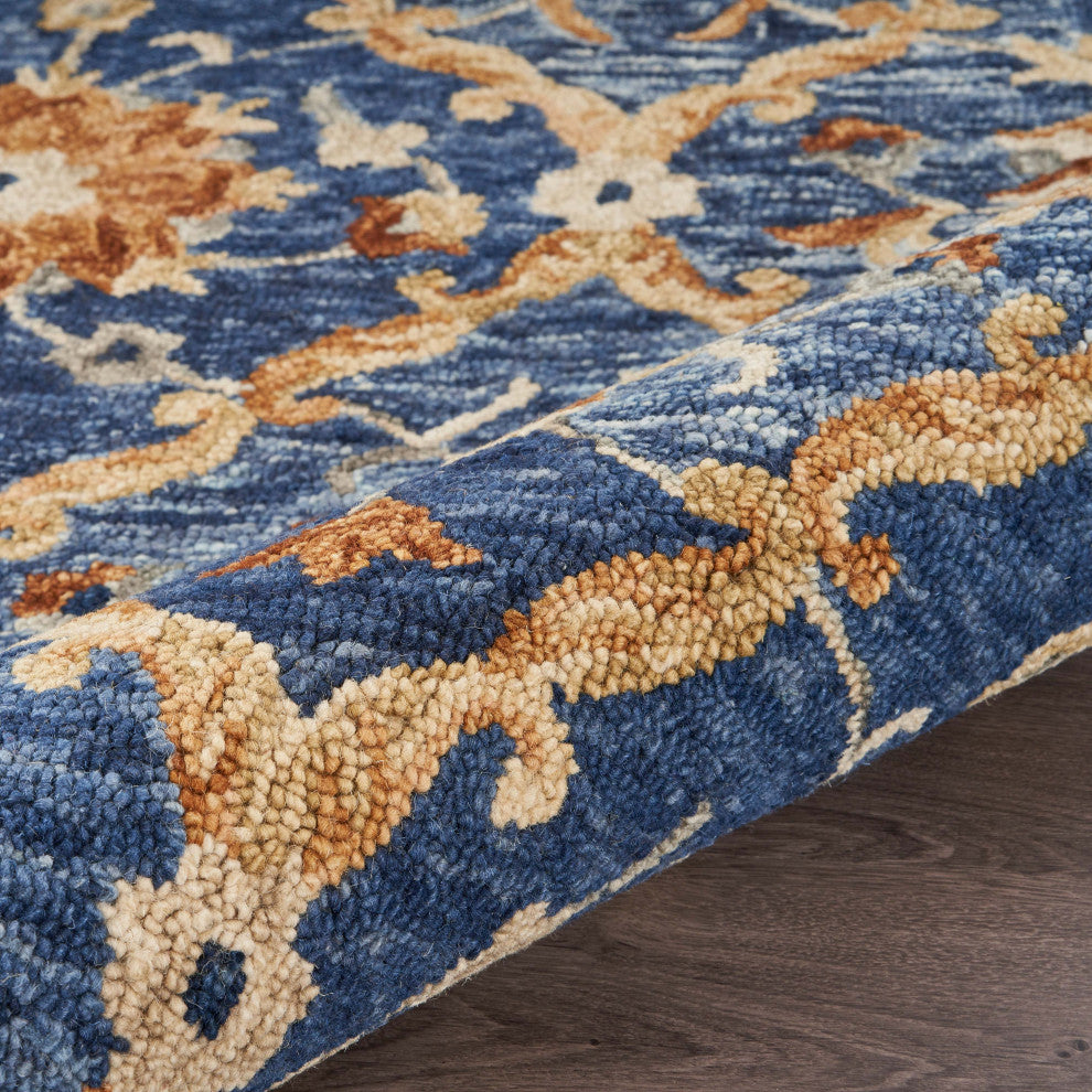 6" Round Navy and Gold Ornate Lattice Area Rug