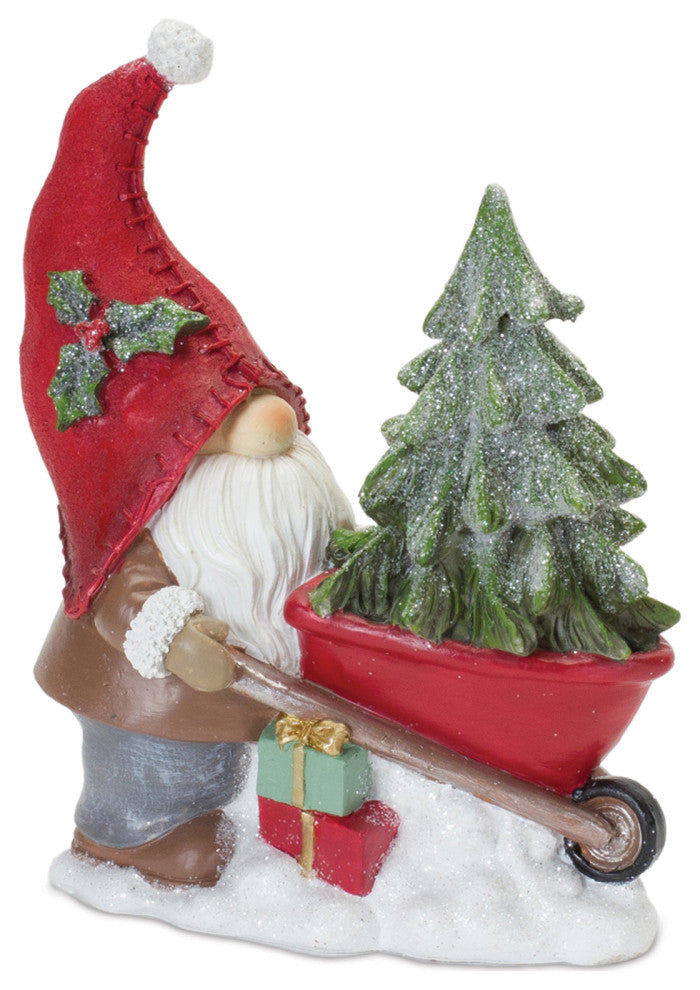 Gnome Figurine With Snowman and Pine Tree, 2-Piece Set