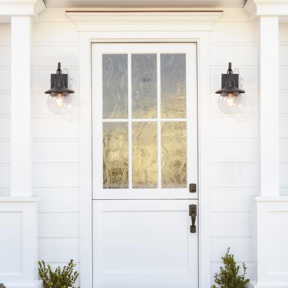 1-Light Bronze Seeded Glass Globe Outdoor Wall Lamp, Set of 2