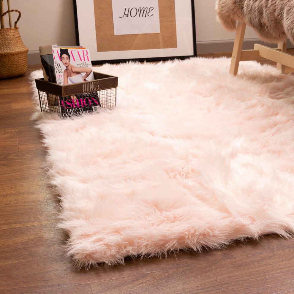Plush and Soft Faux Sheepskin Fur Shag Area Rug, Dusty Rose, 3' X 5'
