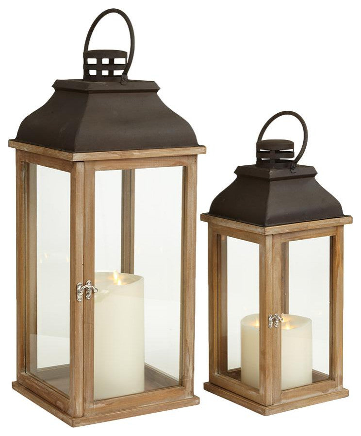 Classic Farmhouse Candle Lantern Set of 2 Large Wood Rust Iron Traditional