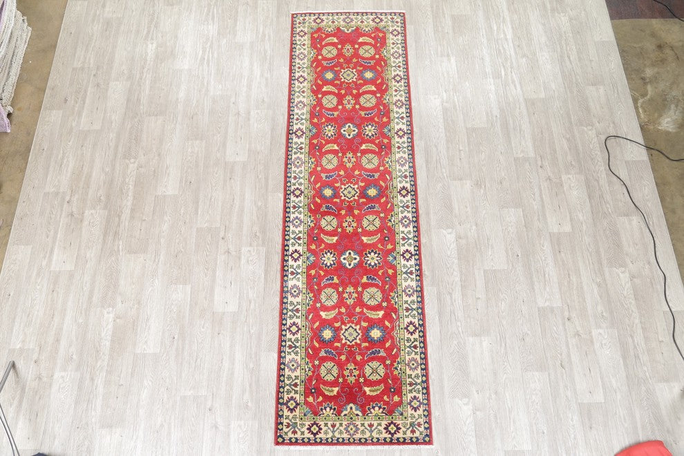 Wool Kazak Oriental Hand Made Pakistani Traditional Runner Rug, Red, 9'10"X2'9"