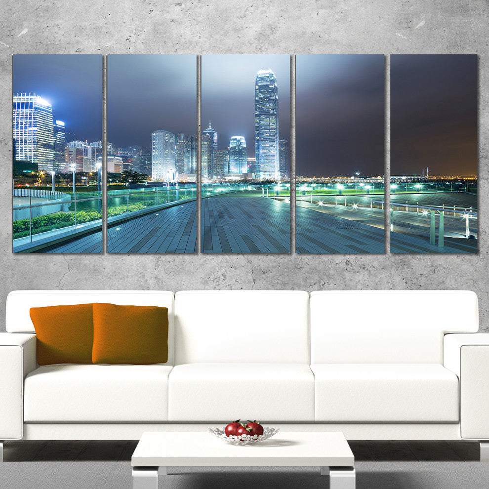 Night Pathway in Modern City, Cityscape Art Print on Canvas, 60"x28", 5 Panels