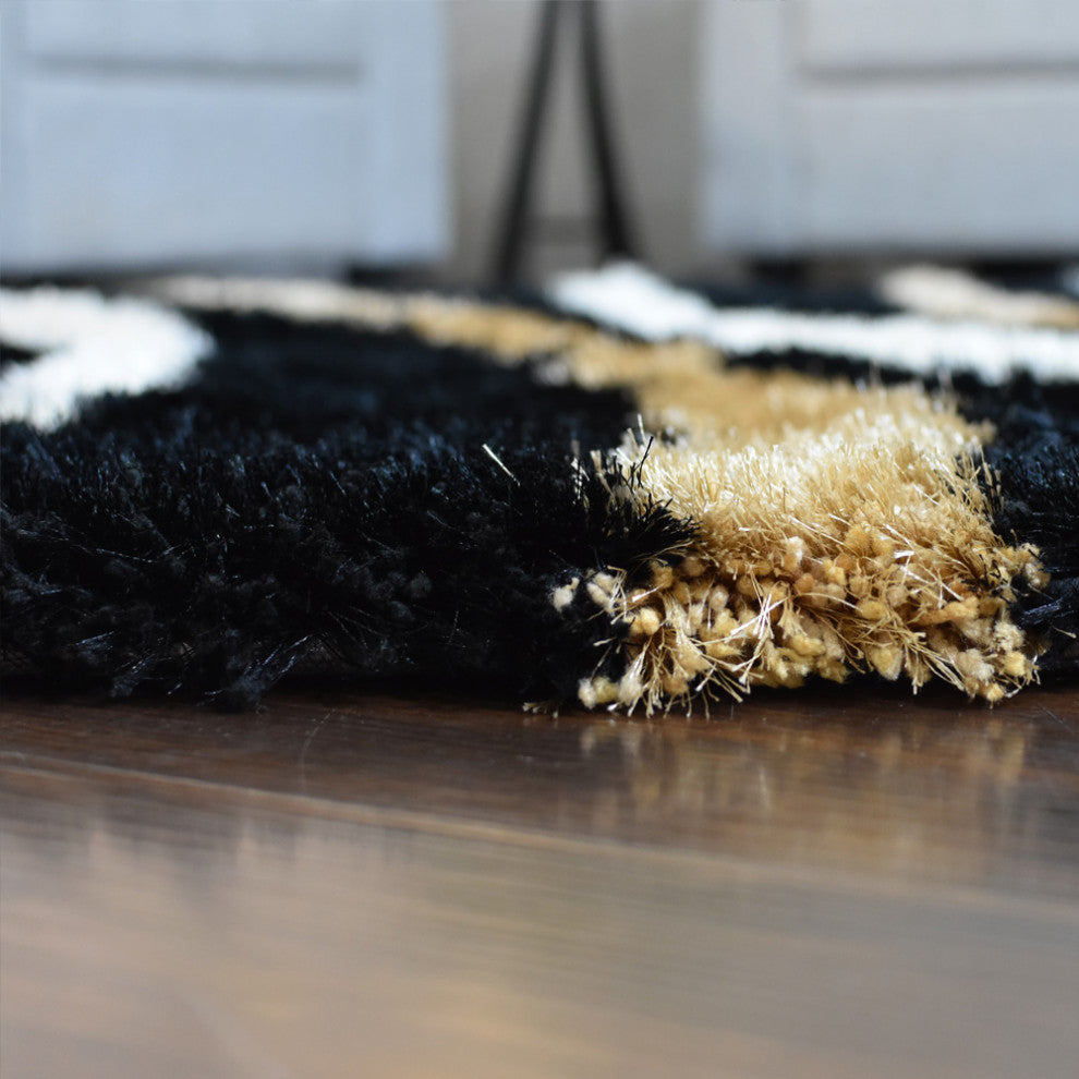 Hand Tufted Shag Polyester Area Rug Geometric Black, [Round] 6'x6'