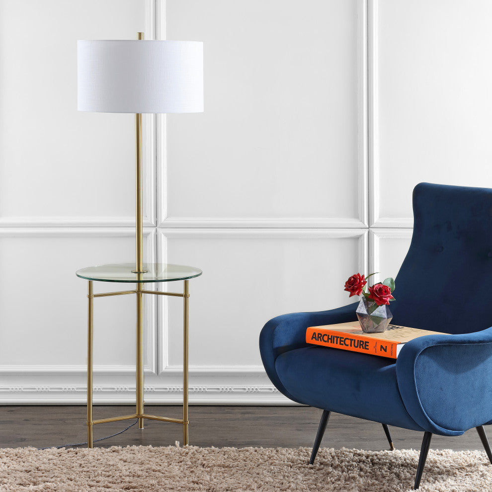Charles 59" Metal, Glass LED Side Table and Floor Lamp, Brass