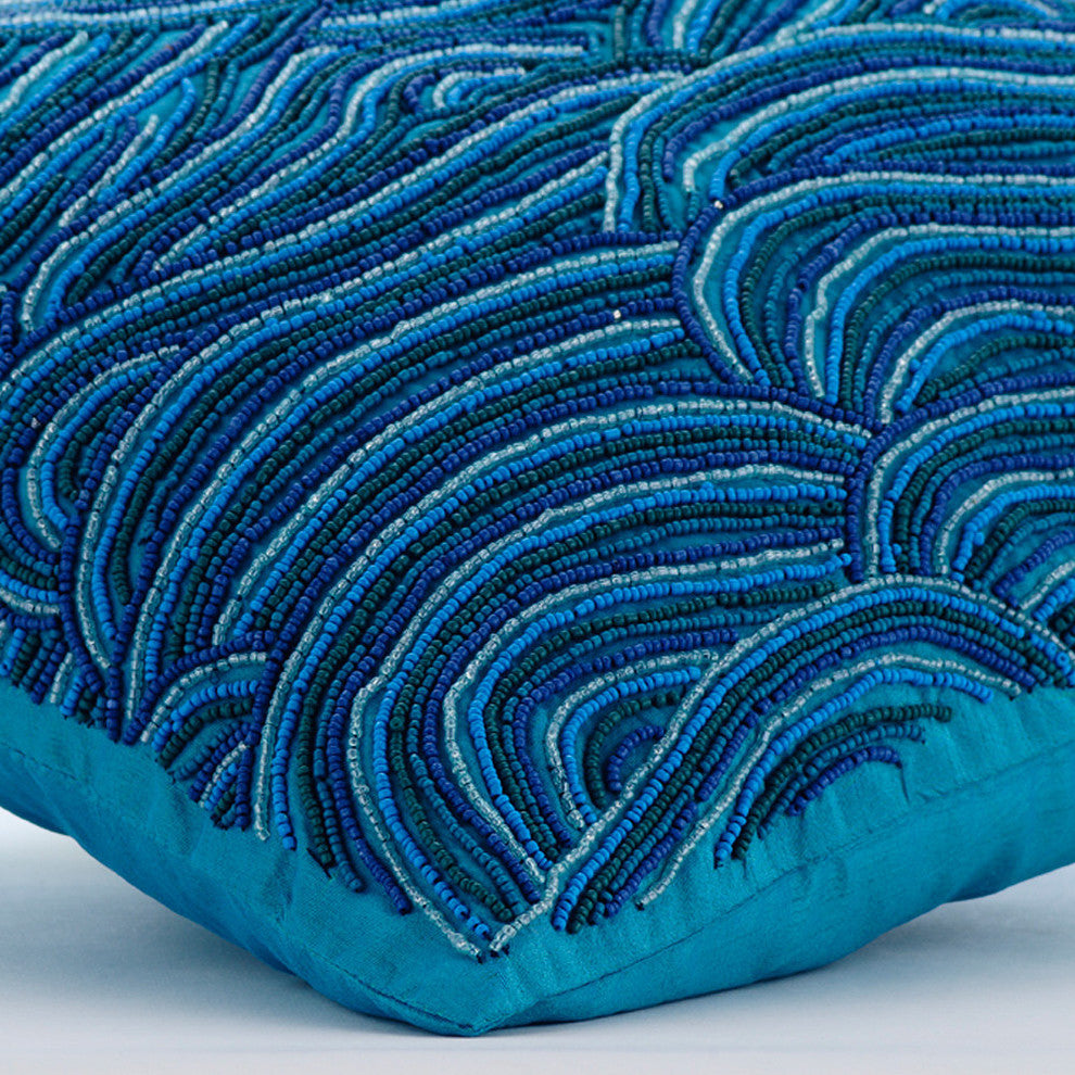 Blue Beaded Ombre Sea Waves 14"x14" Silk Pillows Cover, Sea Windsor