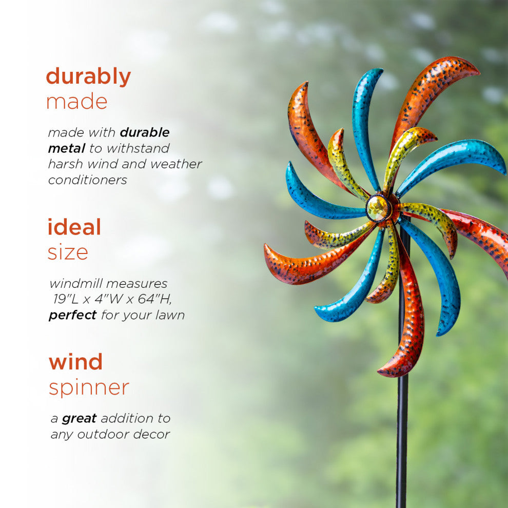 63" Tall Outdoor Curved Blade Windmill Stake Kinetic Spinner
